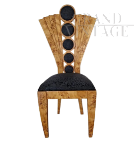Design chair in briarwood and black leather with fan-shaped backrest
