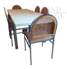 Design dining set with table and 6 chairs in steel and Vienna straw