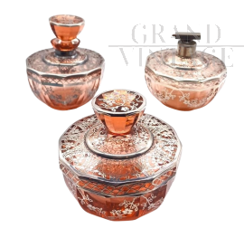 Art Deco pink blown glass toilet set with silver leaf decorations, 1920s