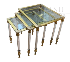 Set of 3 glass and brass nesting tables