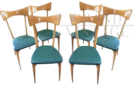 Set of 6 Ico Parisi chairs in light wood with green skai seat