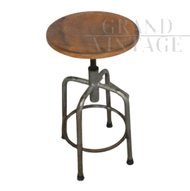 Industrial swivel stool in wood and iron with 4 legs, 1960s
