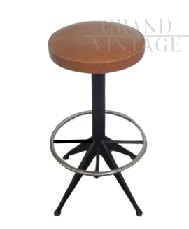 Adjustable 70s stool with padded seat in brown skai and footrest