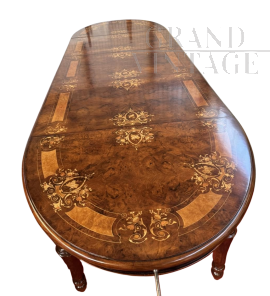 Palladian crank-extendable table with inlays of flowers and musical instruments