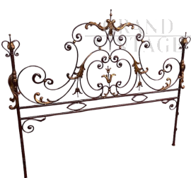 1930s gold and purple wrought iron double bed headboard