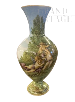 Antique Ginori ceramic vase with cherubs, 1850