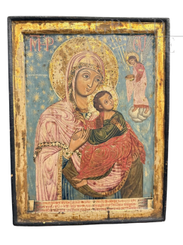 Virgin and Child - 19th-century Russian icon, carved, painted, and gilded