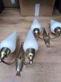 Pair of 1950s wall lights in brass and white glass