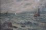 P. Sacchetto - stormy sea painting with boats, Italy 1940s       