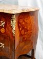 Small antique Napoleon III chest of drawers in polychrome woods with marble top