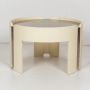 Tavolino design rotondo anni '70 in legno bianco e vetro