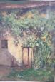Silvio Poma - dipinto scorcio di giardino con casolare, fine XIX secolo, olio su cartone                            