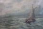 P. Sacchetto - stormy sea painting with boats, Italy 1940s