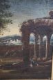 Coppia di dipinti antichi con paesaggi, personaggi ed elementi architettonici, XVIII secolo