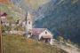 Cesare Bentivoglio - dipinto paesaggio di montagna con chiesa, firmato