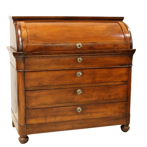Antique Charles X capuchin bureau rolltop chest of drawers in walnut