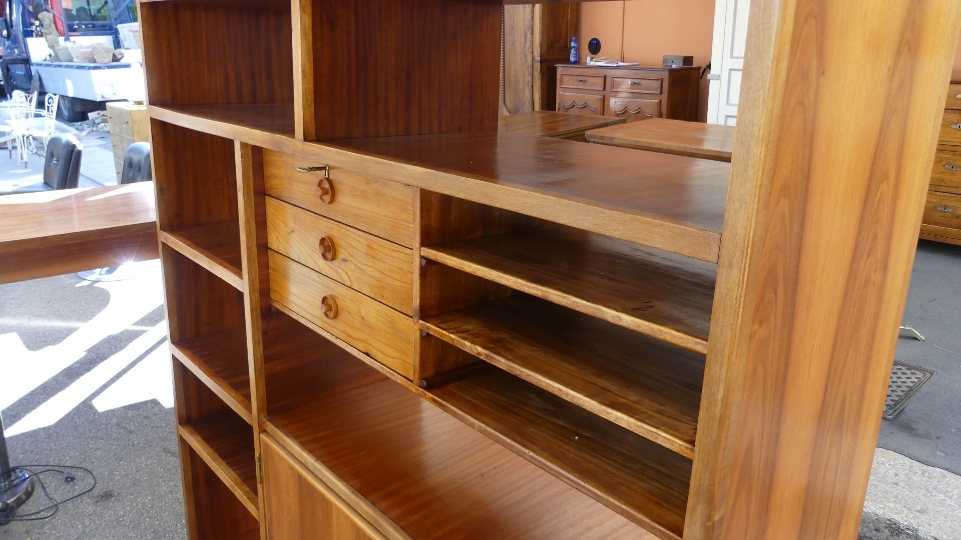 Vintage open bookcase with drawer modules and doors, 1950s
