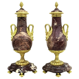 Antique pair of Napoleon III vases in gilded bronze and marble, 19th century                
                            