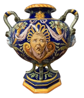 Antico vaso trilobato Ginori in maiolica del 1860 con festoni e firma blu                            