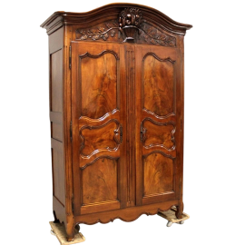 Antique Louis XV wardrobe or cupboard in walnut and cherry with carvings, 18th century
