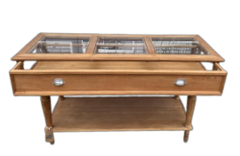 Vintage wooden shop counter with glass top              