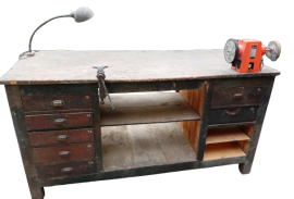 Vintage industrial workbench with vice and sander, 1940s