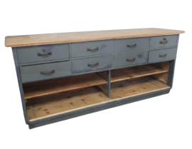 Vintage industrial wooden counter with 8 drawers                       