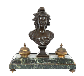 Antique inkwell in burnished bronze and green alps marble, France 19th century