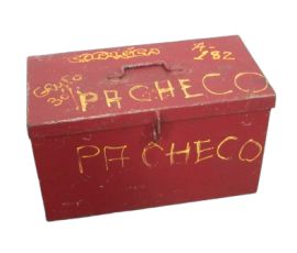 Industrial box container in red lacquered iron with writings, 1980s 