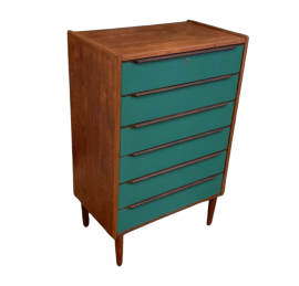 Danish teak tallboy chest of drawers from the 1960s with teal drawers