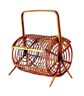 Vintage horizontal cylindrical bamboo basket, 1960s