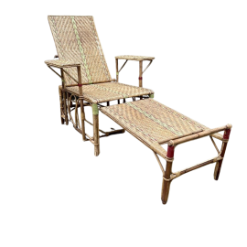 Vintage French wicker and bamboo folding chaise longue, 1930s