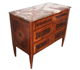 Antique Louis XVI chest of drawers with geometric inlays and marble top, mid-1800s