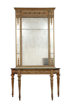 Antique Louis XVI console with mirror in lacquer and gold, with marble top