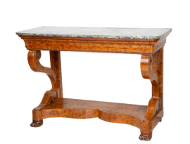 Antique Charles X console in elm briar with gray marble top