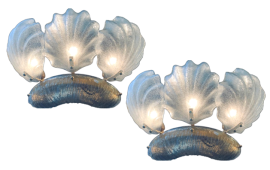 Pair of shell-shaped wall lights in blown Murano glass, 1970s