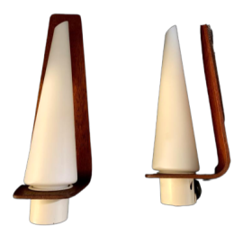 Pair of 1950s Lexus wall lights in glass and teak wood
