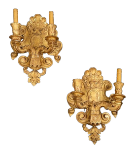 Pair of antique wall lights in gilded and carved wood, France late 18th century