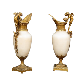 Pair of antique French Napoleon III pouring jugs in white statuary marble