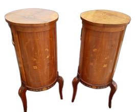 Pair of antique round inlaid bedside tables, early 1900s