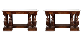 Pair of George Smith style Neapolitan consoles in inlaid mahogany feather