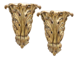 Coppia di fregi antichi in legno intagliato e dorato, XIX secolo
