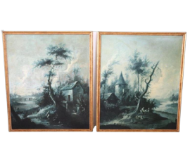 Coppia di grandi dipinti antichi con paesaggi monocromatici, XVIII secolo                          