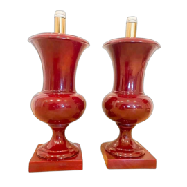 Pair of burgundy ceramic candlestick table lamps, 1970s
