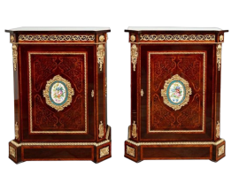 Pair of small antique Napoleon III sideboards with Sèvres porcelains