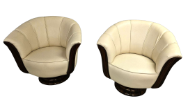 Pair of Art Deco armchairs in walnut, walnut feather and white skai leather    