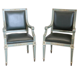 Pair of Louis XVI antique style lacquered armchairs in green skai