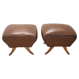 Pair of vintage brown leatherette footrest ottomans from the 1950s