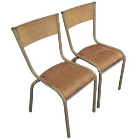 Pair of stackable beige Mullca chairs with light wood seat, 1960s