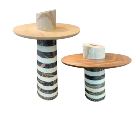 Coppia di tavolini design in marmi pregiati modello Faro, made in Italy                            